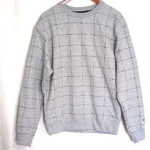 Champion Grey Navy Grid Print Crewneck Sweatshirt Size Medium